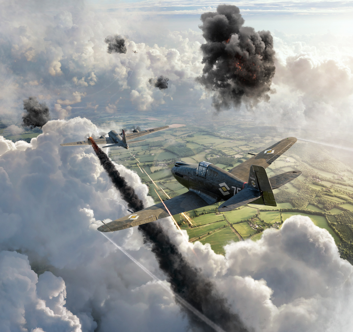 Electric Art created a digitally rendered scene for IMAX of two airplanes in a dogfight flying over a field. 